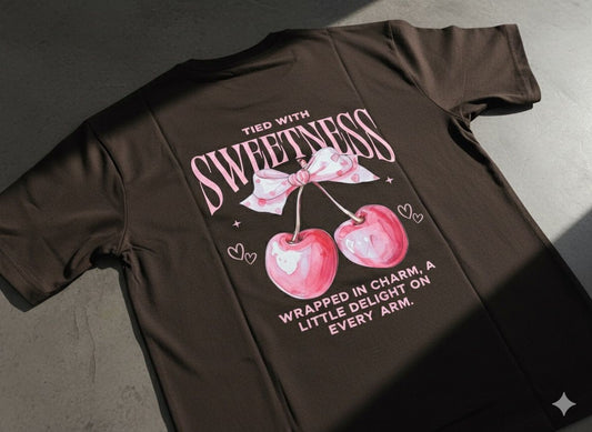 “Tied with Sweetness” Cherry Bow T-Shirt - Brown Coquette Aesthetic Graphic Tee
