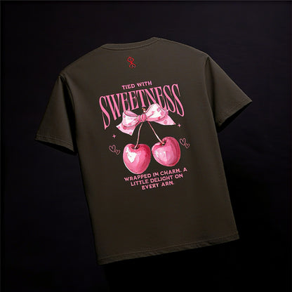 “Tied with Sweetness” Cherry Bow T-Shirt - Brown Coquette Aesthetic Graphic Tee